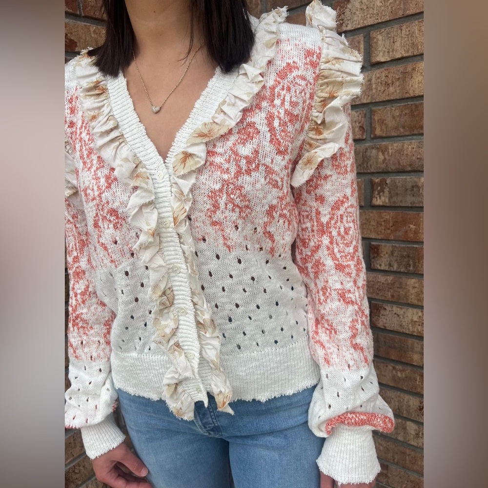 Ivory crochet knit ruffled trim floral flower boho bohemian sweater cardigan - Picture 3 of 15